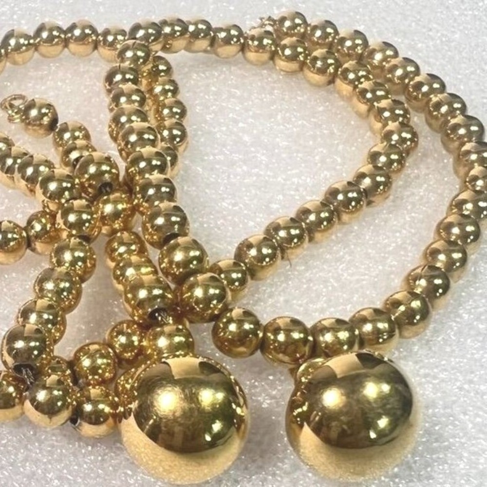 Monet Polished‎ Ball Bead Necklace on Chain 24" Domed Stud Earring Set Gold Tone